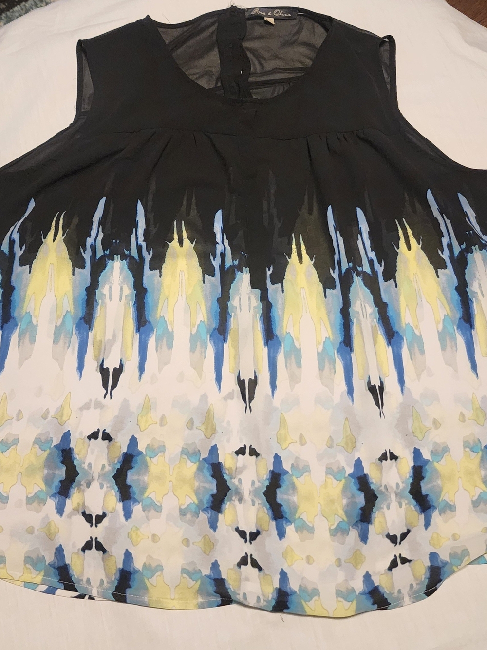 Rose & Olive Black Sleeveless Camisole with Blue and Yellow Print